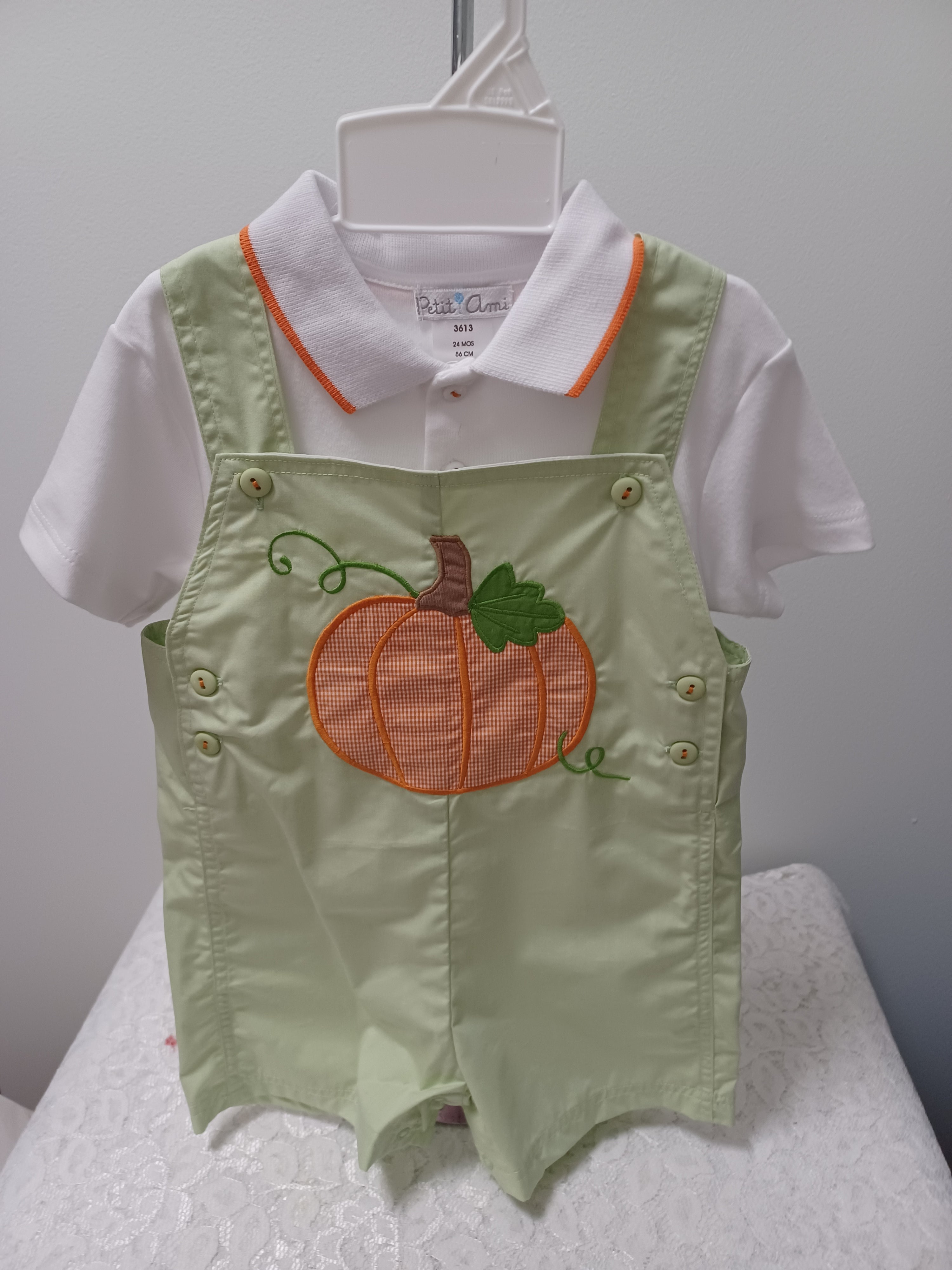 Boys Green Pumpkin Applique Shortall With Matching Shirt